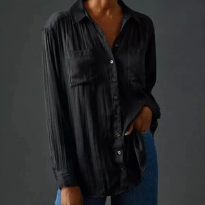 Anthropologie Silky Oversized Button Down Black Shirt, Size XL